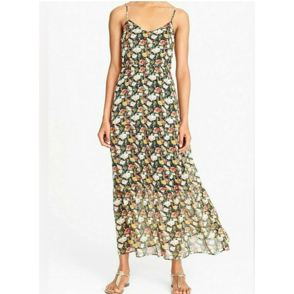 J.Crew Floral Maxi Dress Black Red Yellow V-Neck Spaghetti Strap‎ Sz 0